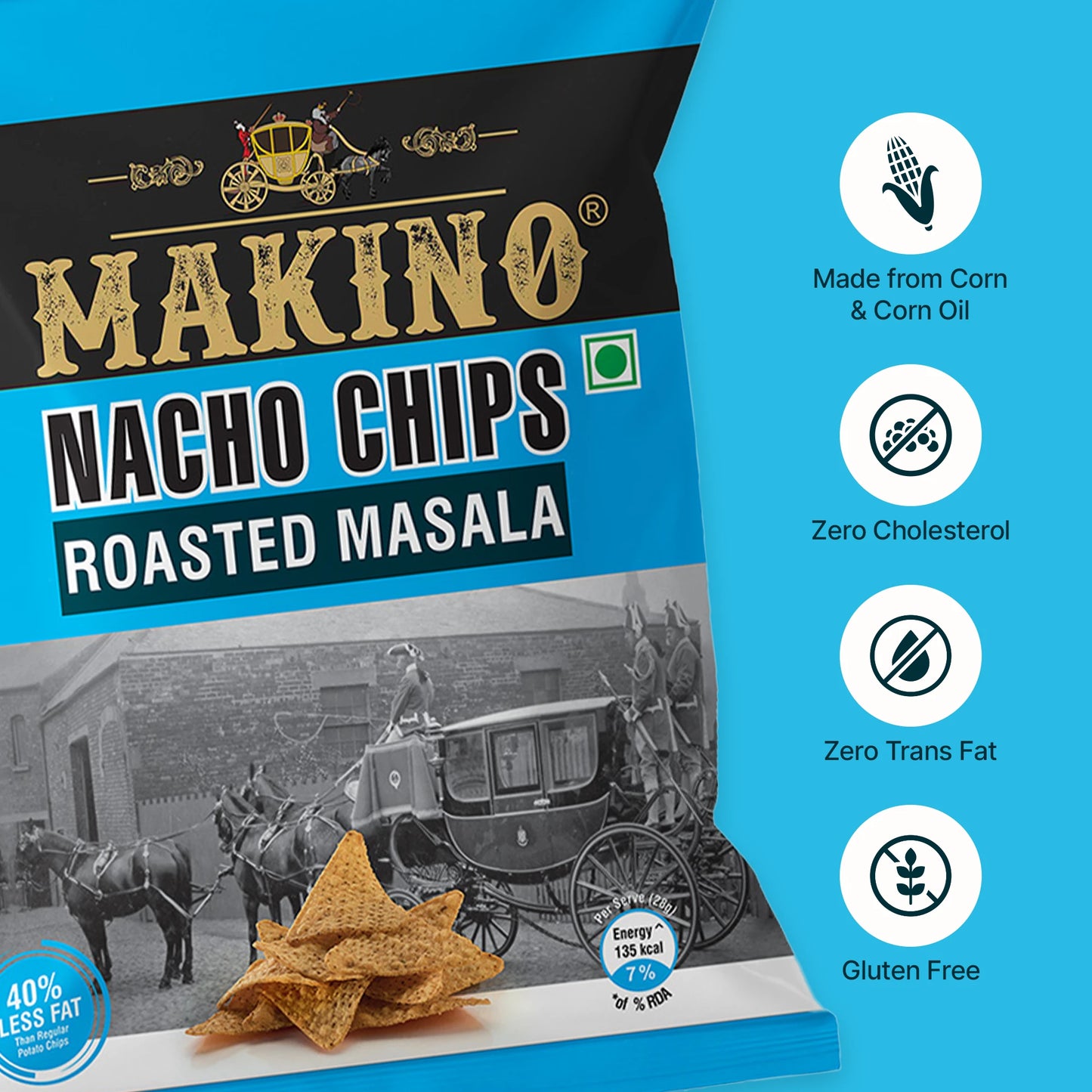 Makino Nacho Chips Roasted Masala 60 gm | Pack of 120 pcs. | Bulk Pack for Retail | Tortilla Chips