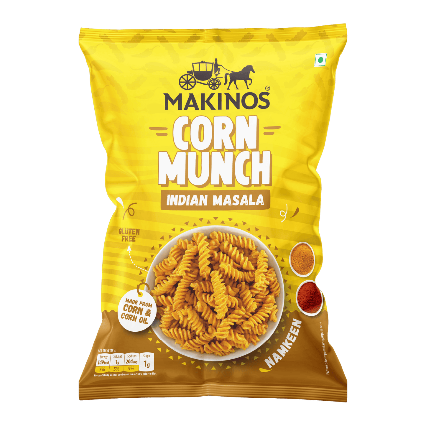 Makinos Indian Masala Corn Munch, masala corn snacks, Indian corn snacks, spicy corn snacks, chatpata snacks, gluten free corn snacks