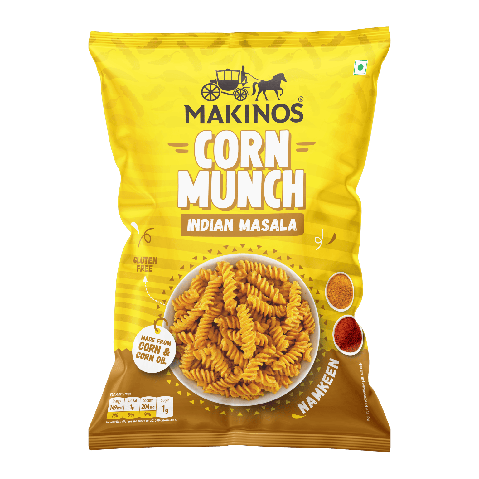 Makinos Indian Masala Corn Munch, masala corn snacks, Indian corn snacks, spicy corn snacks, chatpata snacks, gluten free corn snacks