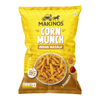 Makinos Indian Masala Corn Munch, masala corn snacks, Indian corn snacks, spicy corn snacks, chatpata snacks, gluten free corn snacks