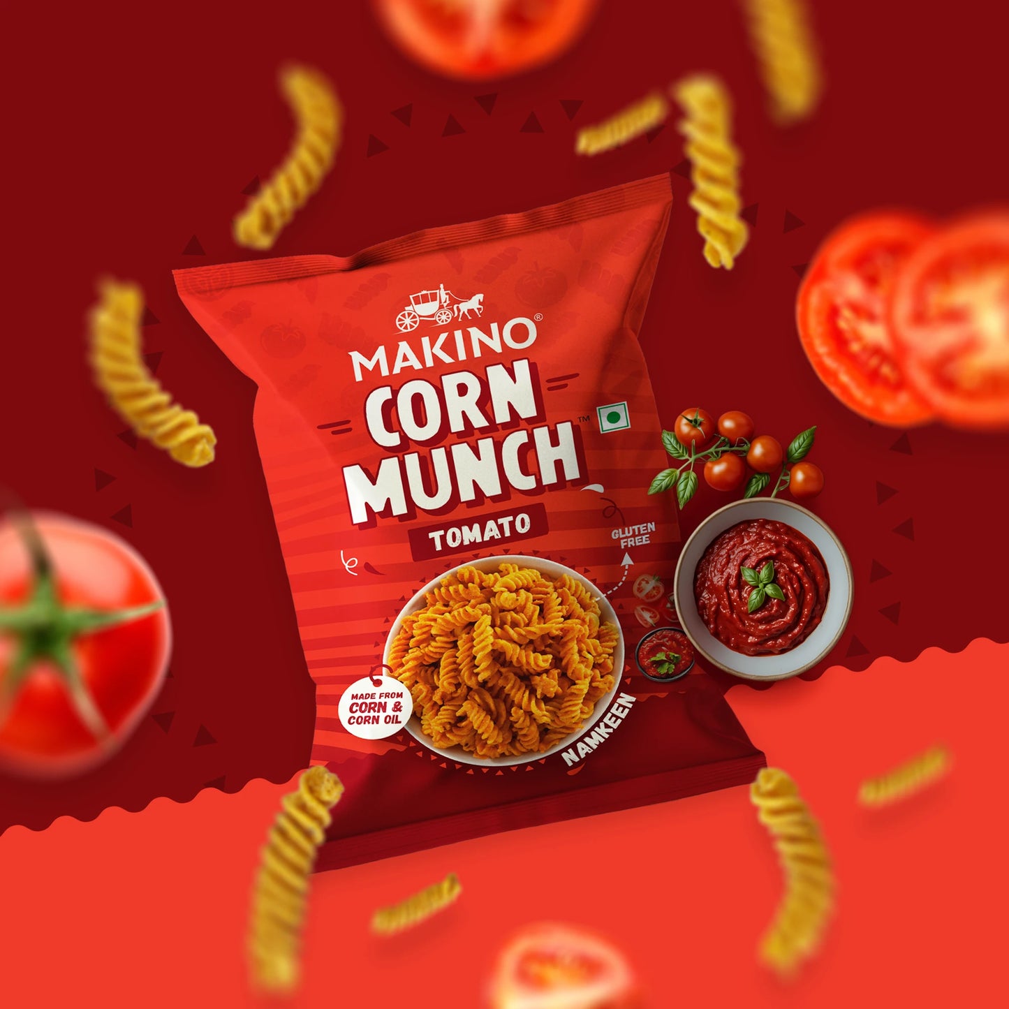 Makino Assorted Corn Munch (Cream & Onion, Red Chilli Chatka and Tomato) (Each 150 gm) (Pack of 3)