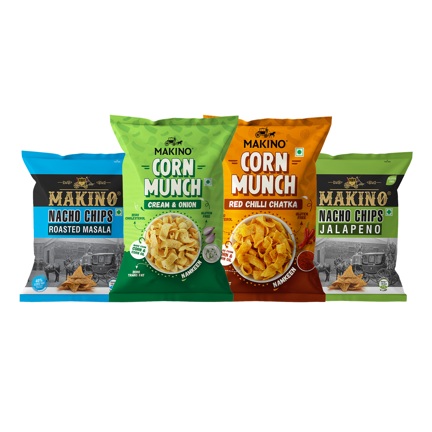 Makino Cornax (4 Assorted Corn Snacks)(Each 60 Jalapeno & Slated /150 gm RCC & C&O) | Total 420g|