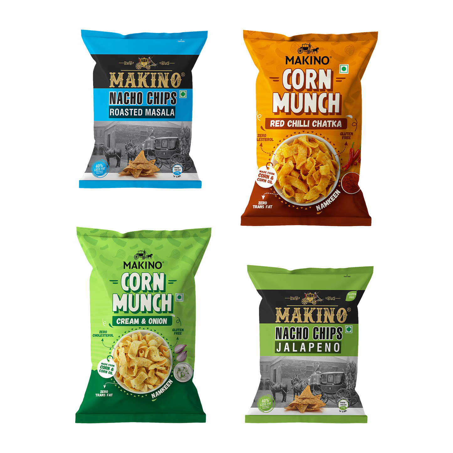 Makino Cornax (4 Assorted Corn Snacks)(Each 60 Jalapeno & Slated /150 gm RCC & C&O) | Total 420g|