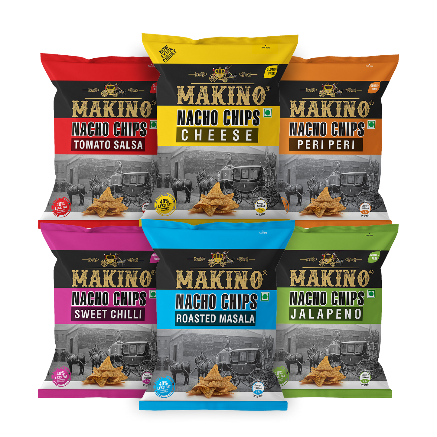 Makino Assorted Nachos (Cheese, Jalapeno, Sweet Chilli, Tomato Salsa, Peri Peri, Slated)(Each 60 gm)(Pack of 6)