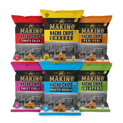 Makino Assorted Nachos (Cheese, Jalapeno, Sweet Chilli, Tomato Salsa, Peri Peri, Slated)(Each 60 gm)(Pack of 6)