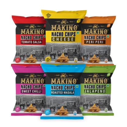 Makino Assorted Nachos (Cheese, Jalapeno, Sweet Chilli, Tomato Salsa, Peri Peri, Slated)(Each 60 gm)(Pack of 6)