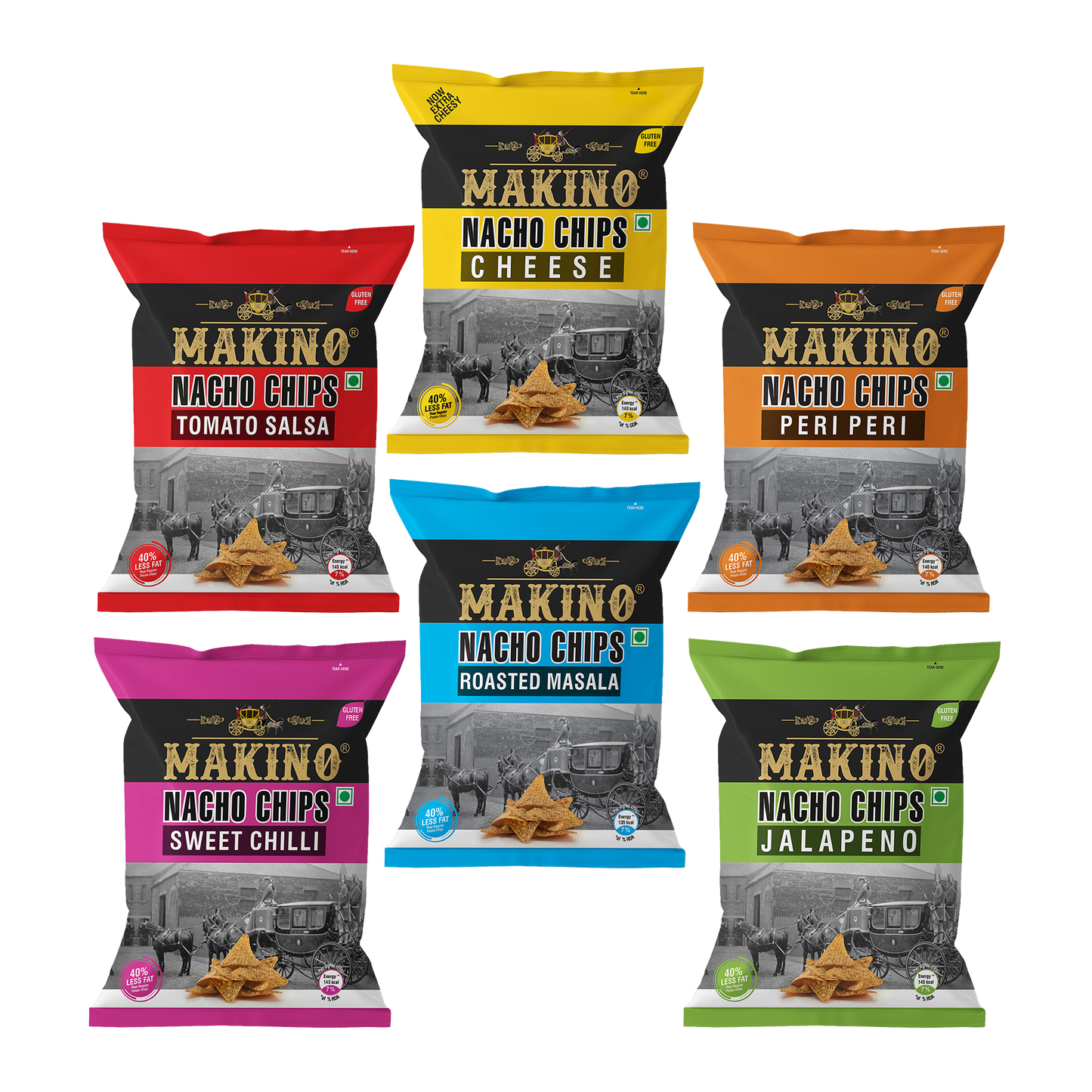 Makino Assorted Nachos (Cheese, Jalapeno, Sweet Chilli, Tomato Salsa, Peri Peri, Slated)(Each 60 gm)(Pack of 6)