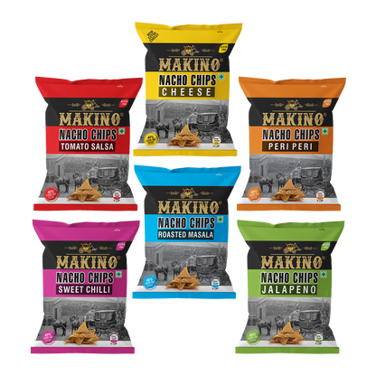 Makino Assorted Nachos (Cheese, Jalapeno, Sweet Chilli, Tomato Salsa, Peri Peri, Slated)(Each 60 gm)(Pack of 6)