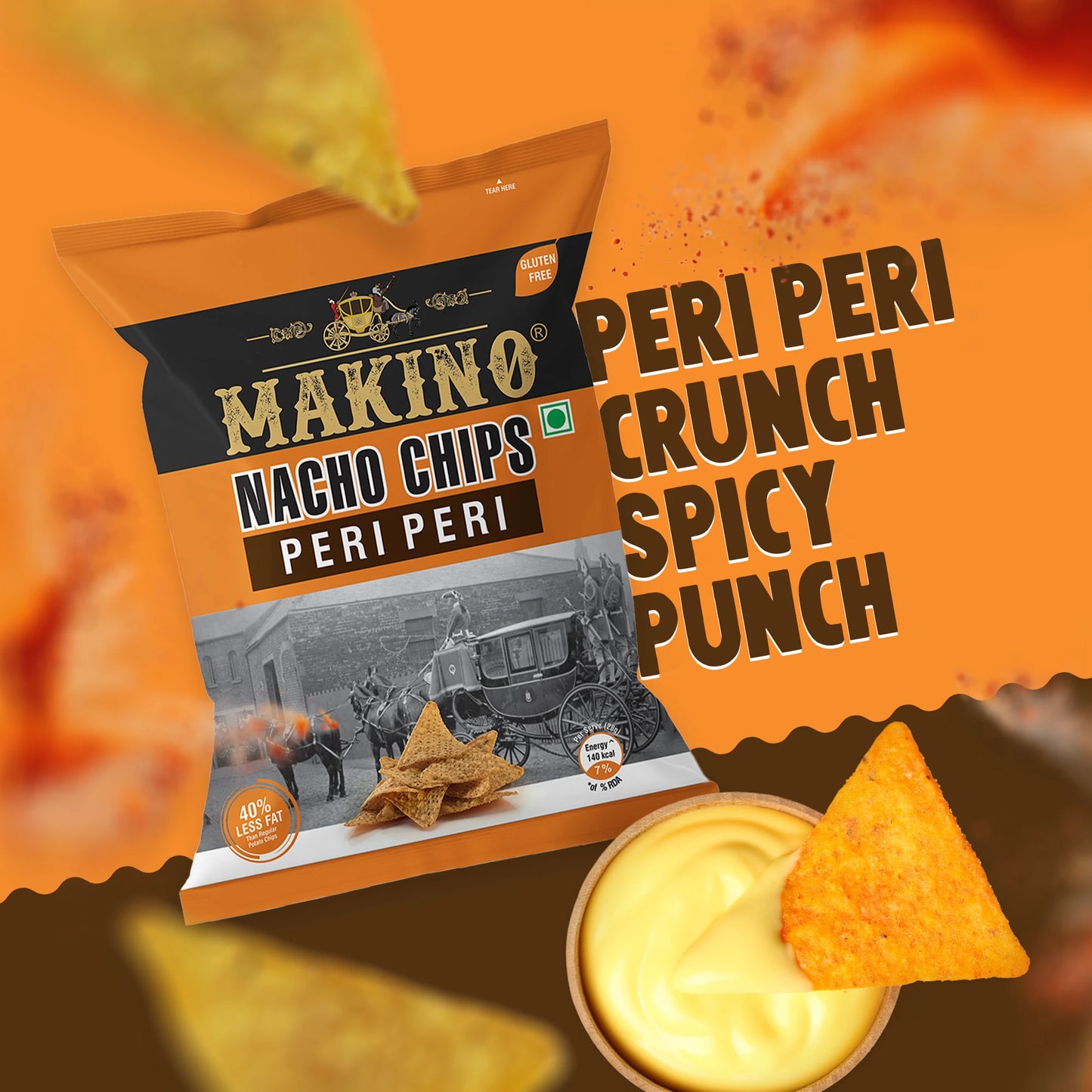 Makino Nacho Chips Peri Peri 60 gm  | Pack of 120  pcs. | Bulk Pack for Retail | Tortilla Chips