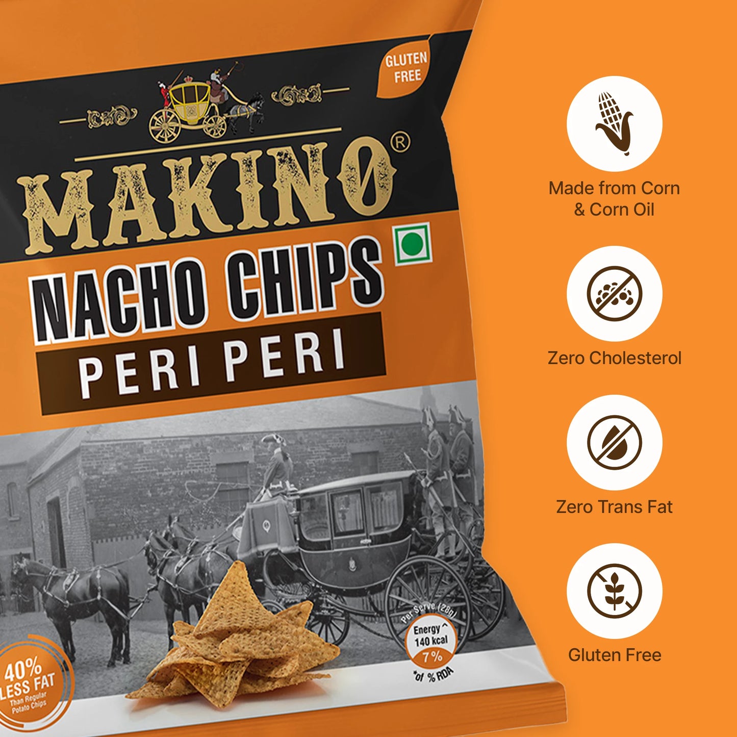 Makino Nacho Chips Peri Peri 60 gm  | Pack of 120  pcs. | Bulk Pack for Retail | Tortilla Chips
