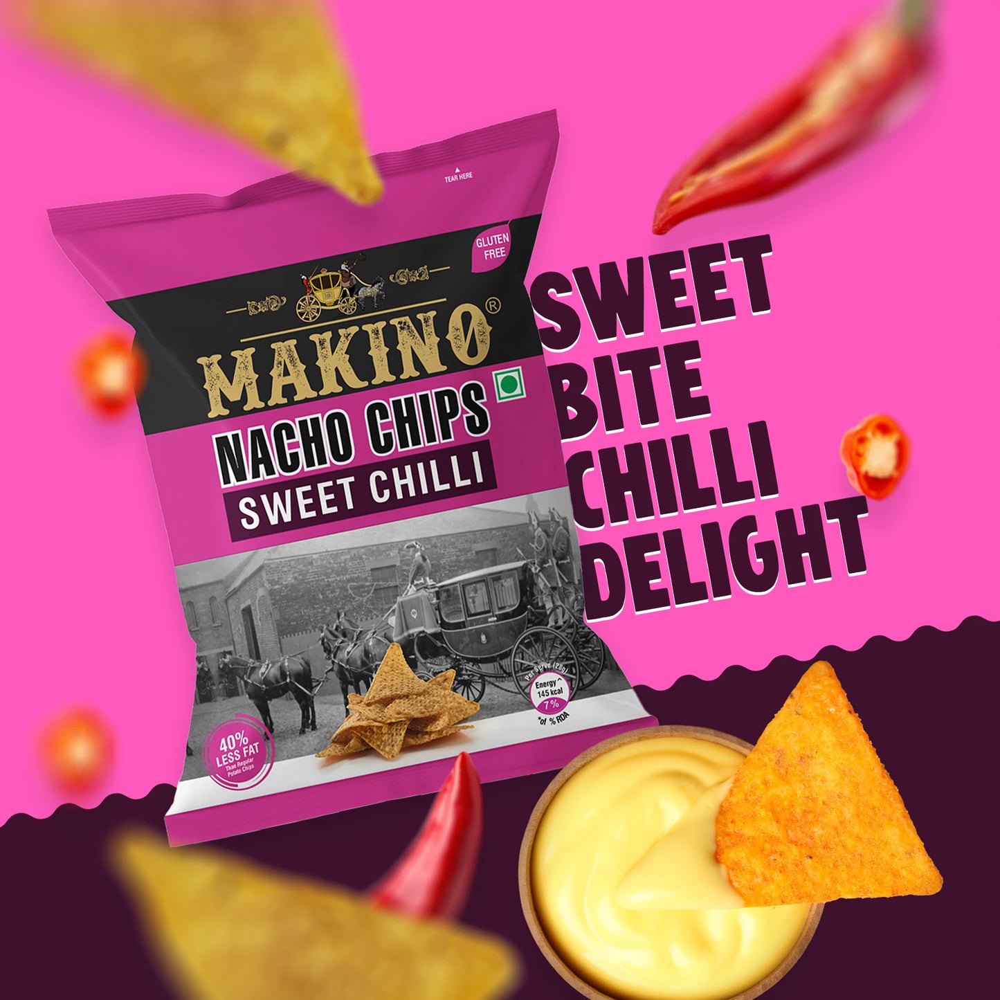 Makino Nacho Chips Sweet Chilli 60 gm  | Pack of 120 pcs. | Bulk Pack of Retail | Tortilla Chips