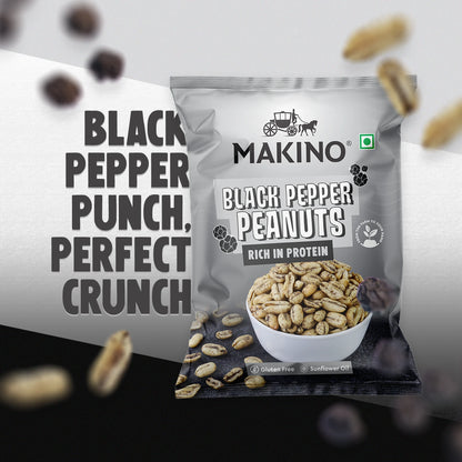 Makino Assorted Roasted Peanuts | Each 40gm | Pack of 5 | Tandoori, Nimboo Pudina, Hing Jeera, Black Pepper, Garlic, Salted | Total 215g | Flavoured Peanuts | Super Crunchy