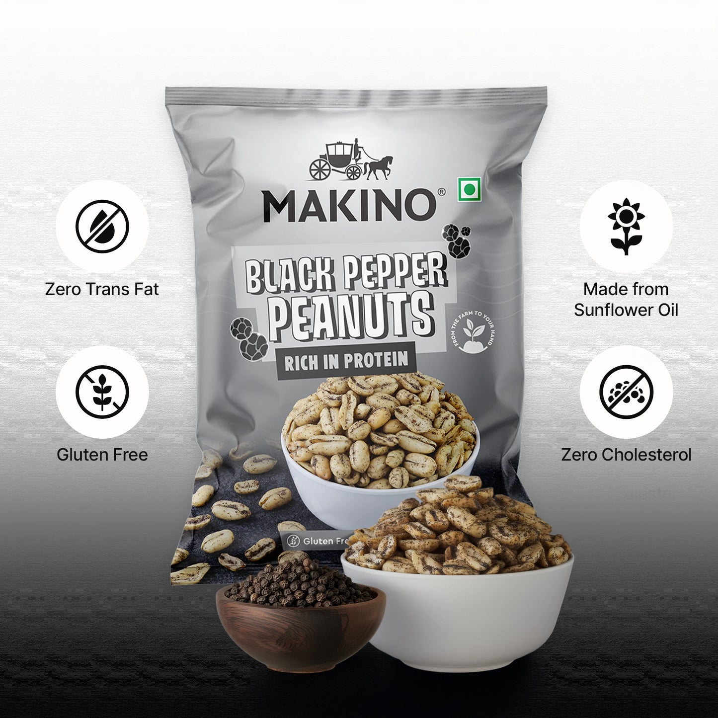 Makino Assorted Roasted Peanuts | Each 40gm | Pack of 5 | Tandoori, Nimboo Pudina, Hing Jeera, Black Pepper, Garlic, Salted | Total 215g | Flavoured Peanuts | Super Crunchy