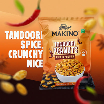 Makino Assorted Roasted Peanuts | Each 40gm | Pack of 5 | Tandoori, Nimboo Pudina, Hing Jeera, Black Pepper, Garlic, Salted | Total 215g | Flavoured Peanuts | Super Crunchy