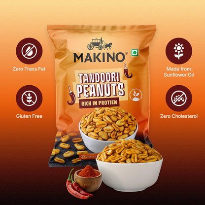 Makino Assorted Roasted Peanuts | Each 40gm | Pack of 5 | Tandoori, Nimboo Pudina, Hing Jeera, Black Pepper, Garlic, Salted | Total 215g | Flavoured Peanuts | Super Crunchy
