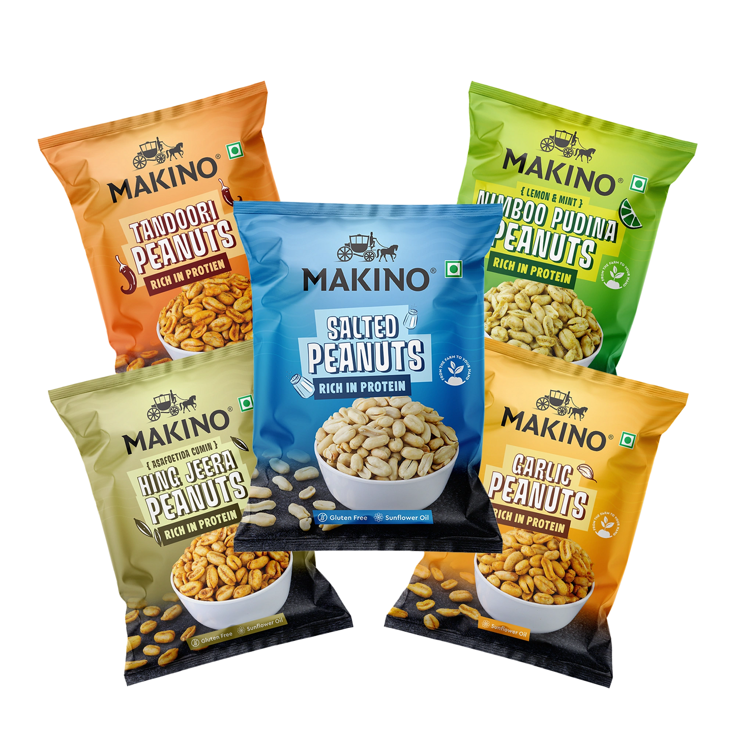 Makino Assorted Roasted Peanuts | Each 40gm | Pack of 5 | Tandoori, Nimboo Pudina, Hing Jeera, Black Pepper, Garlic, Salted | Total 215g | Flavoured Peanuts | Super Crunchy