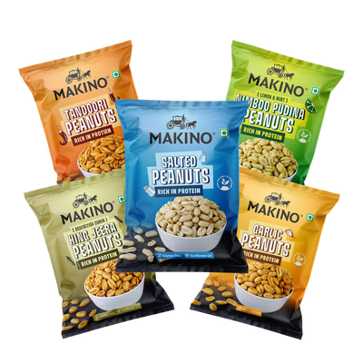 Makino Assorted Roasted Peanuts | Each 40gm | Pack of 5 | Tandoori, Nimboo Pudina, Hing Jeera, Black Pepper, Garlic, Salted | Total 215g | Flavoured Peanuts | Super Crunchy