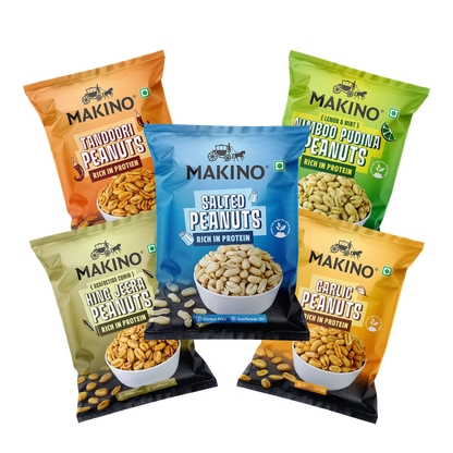 Makino Assorted Roasted Peanuts | Each 40gm | Pack of 5 | Tandoori, Nimboo Pudina, Hing Jeera, Black Pepper, Garlic, Salted | Total 215g | Flavoured Peanuts | Super Crunchy