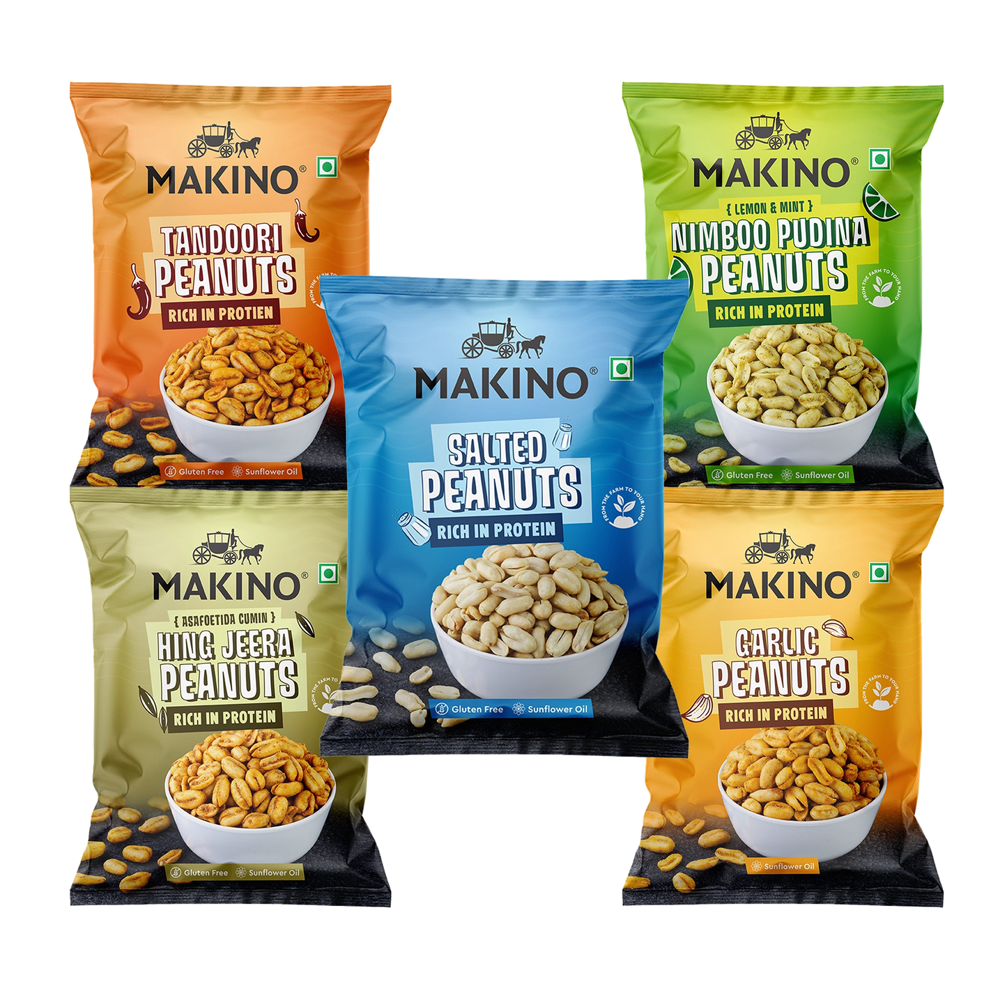 Makino Assorted Roasted Peanuts | Each 40gm | Pack of 5 | Tandoori, Nimboo Pudina, Hing Jeera, Black Pepper, Garlic, Salted | Total 215g | Flavoured Peanuts | Super Crunchy