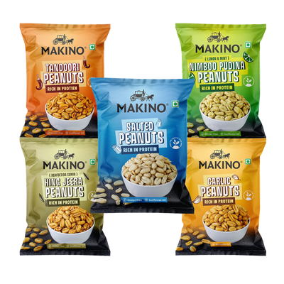 Makino Assorted Roasted Peanuts | Each 40gm | Pack of 5 | Tandoori, Nimboo Pudina, Hing Jeera, Black Pepper, Garlic, Salted | Total 215g | Flavoured Peanuts | Super Crunchy