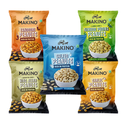 Makino Assorted Roasted Peanuts | Each 40gm | Pack of 5 | Tandoori, Nimboo Pudina, Hing Jeera, Black Pepper, Garlic, Salted | Total 215g | Flavoured Peanuts | Super Crunchy
