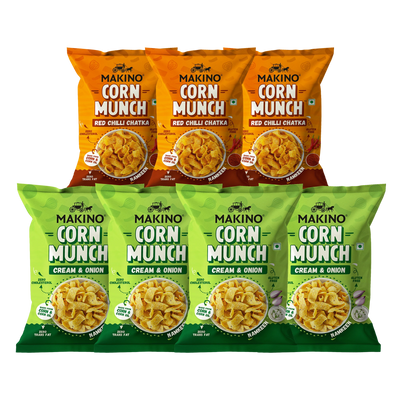 Makino Assorted Corn Munch (Cream & Onion, Red Chilli Chatka)(Each 150 gm)(Pack of 7- 3 pcs. RCC & 4 pcs. C&O)(Total 1050g)