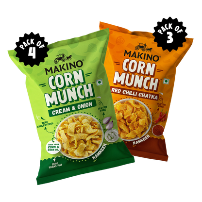 Makino Assorted Corn Munch (Cream & Onion, Red Chilli Chatka)(Each 150 gm)(Pack of 7- 3 pcs. RCC & 4 pcs. C&O)(Total 1050g)