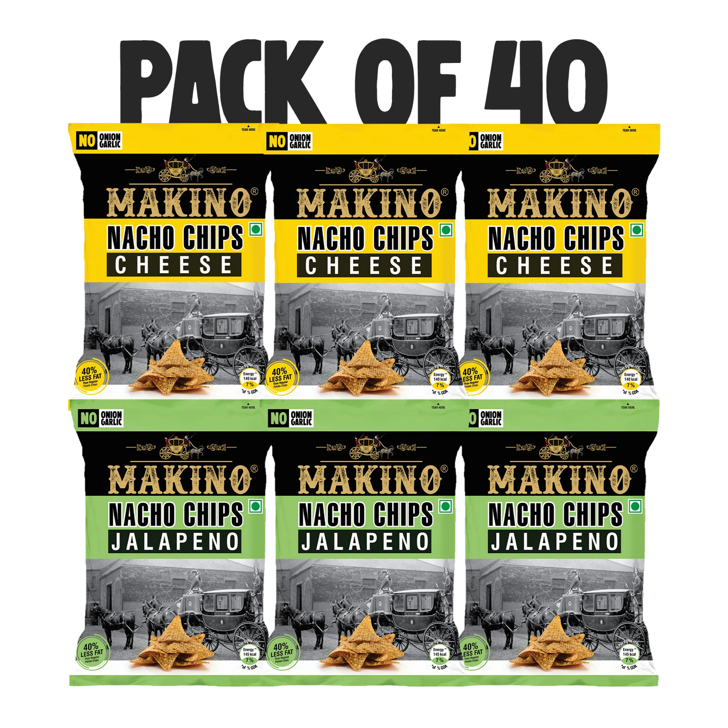 Makino Assorted No Onion No Garlic Nacho Chips 60 gm  | Pack of 120 pcs | Bulk Pack for Retail | Tortilla Chips  | Total 7200g|