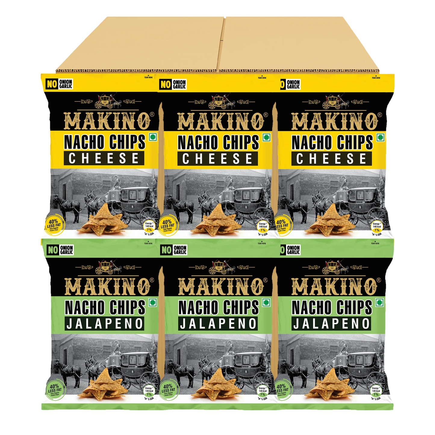 Makino Assorted No Onion No Garlic Nacho Chips 60 gm  | Pack of 120 pcs | Bulk Pack for Retail | Tortilla Chips  | Total 7200g|