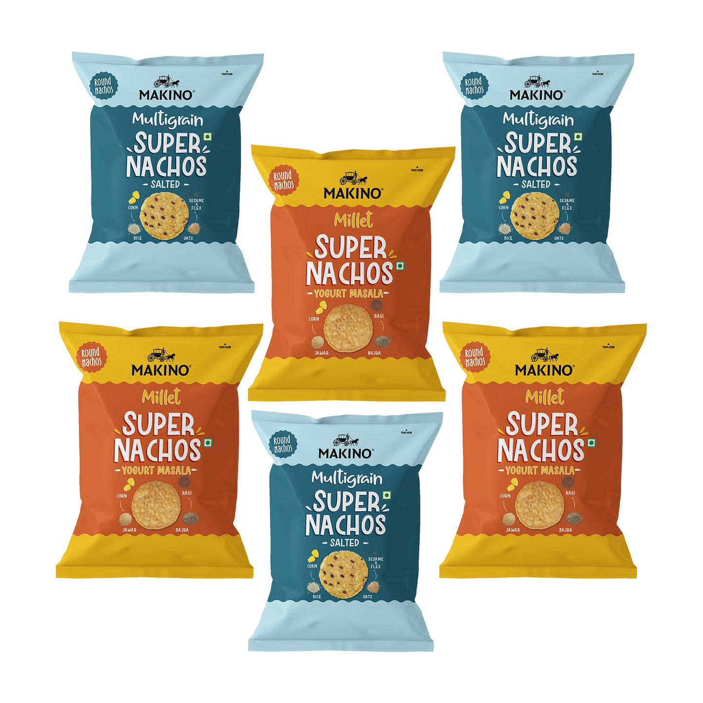 Makino Assorted Super Nachos (3 Multigrain Salted Super Nachos & 3 Millet Yogurt Masala Super Nachos) (Each 60 gm) (Pack of 6)| Total 360g|