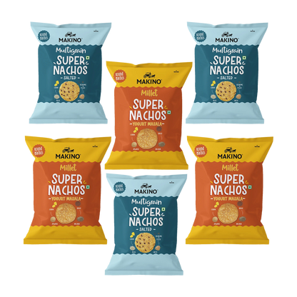 Makino Assorted Super Nachos (3 Multigrain Salted Super Nachos & 3 Millet Yogurt Masala Super Nachos) (Each 60 gm) (Pack of 6)| Total 360g|