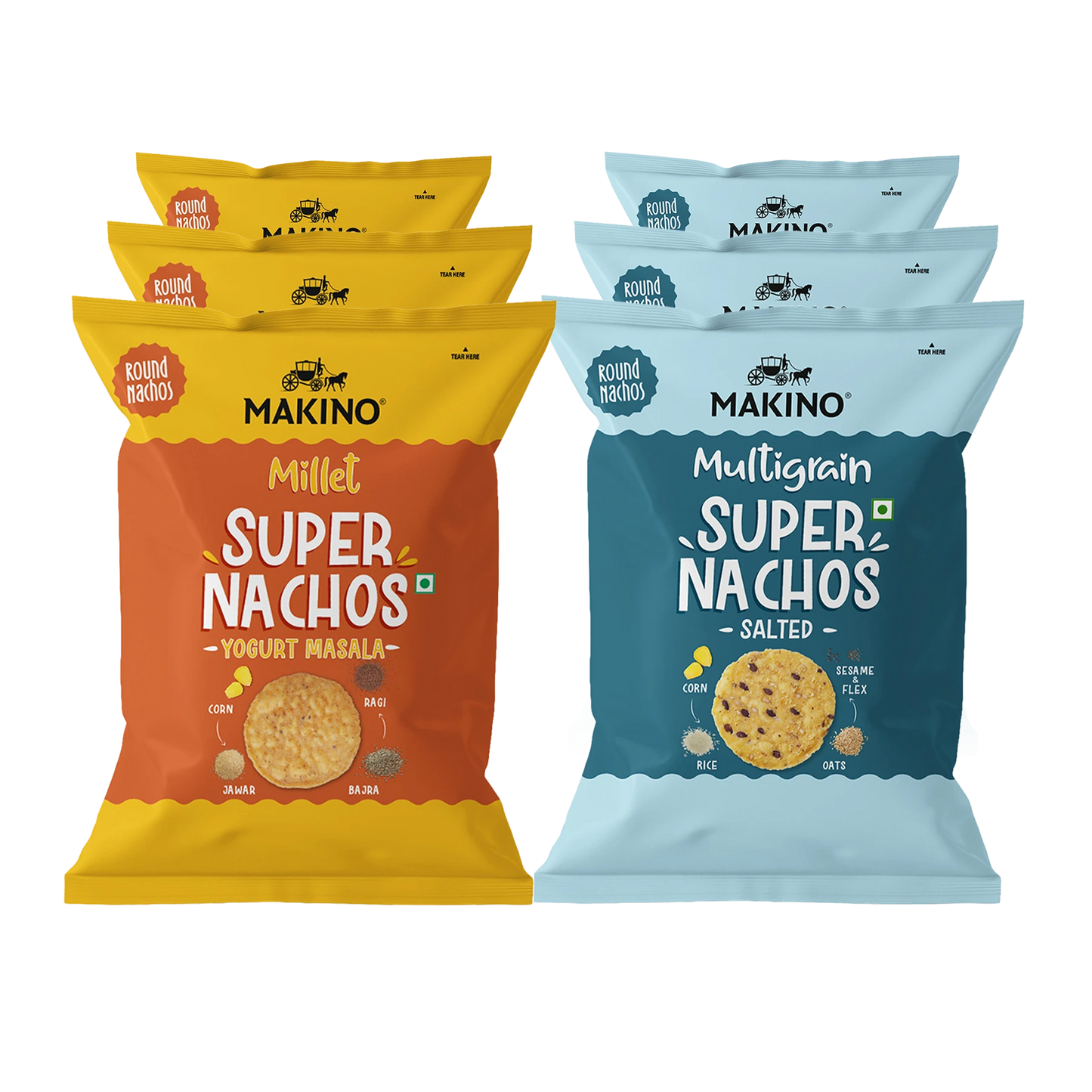 Makino Assorted Super Nachos (3 Multigrain Salted Super Nachos & 3 Millet Yogurt Masala Super Nachos) (Each 60 gm) (Pack of 6)| Total 360g|