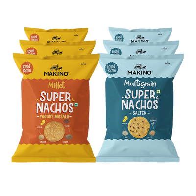 Makino Assorted Super Nachos (3 Multigrain Salted Super Nachos & 3 Millet Yogurt Masala Super Nachos) (Each 60 gm) (Pack of 6)| Total 360g|