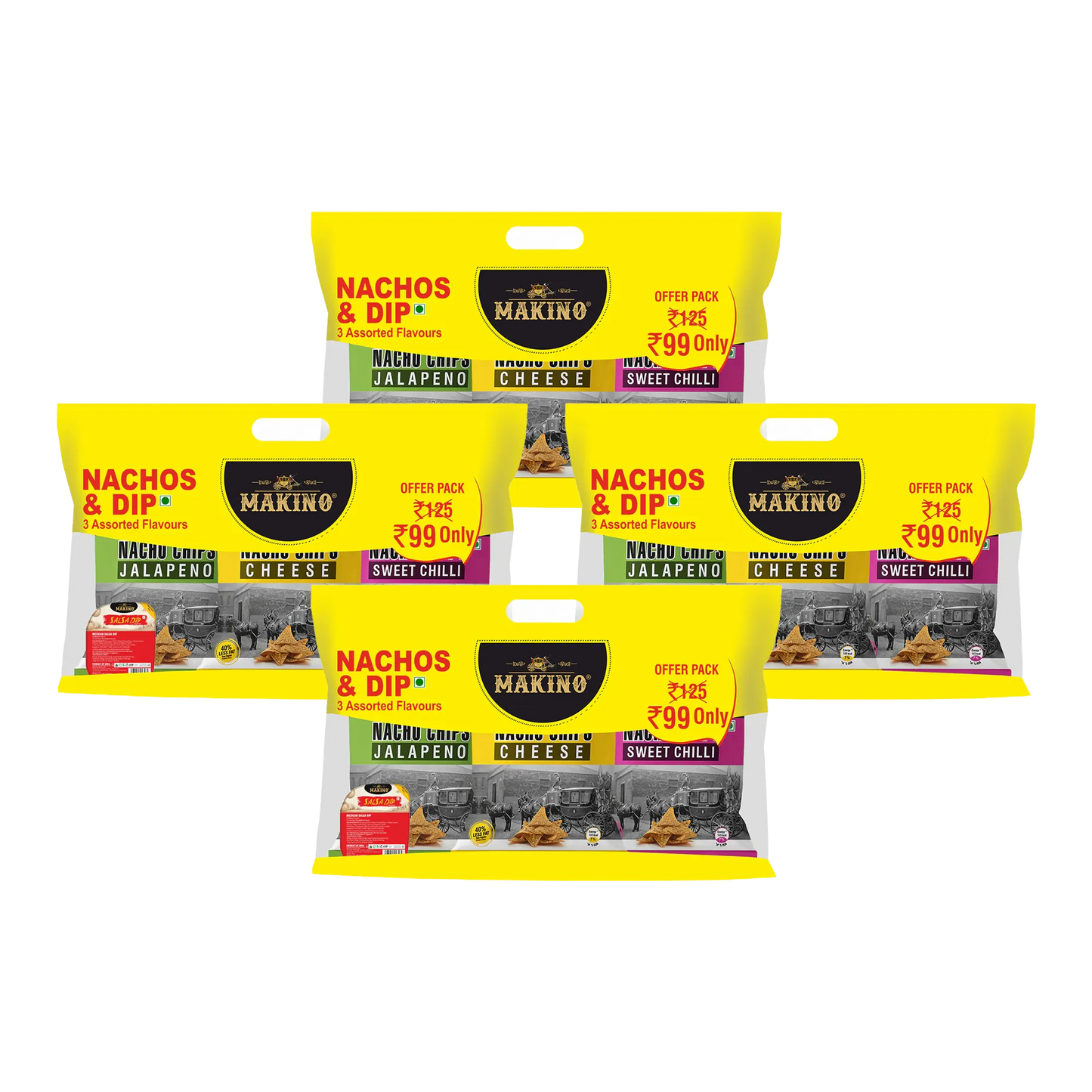 Makino Discounted Combo Bag with 3 Assorted Nachos & 1 Salsa Dip (Each 220 gm) (4 bags x 220 gm)| Total 880g|