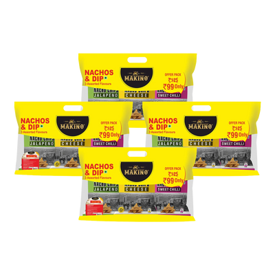 Makino Discounted Combo Bag with 3 Assorted Nachos & 1 Salsa Dip (Each 220 gm) (4 bags x 220 gm)| Total 880g|