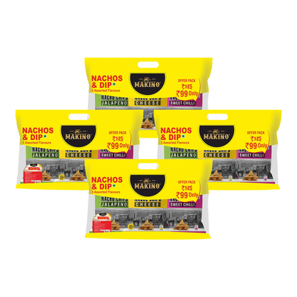 Makino Discounted Combo Bag with 3 Assorted Nachos & 1 Salsa Dip (Each 220 gm) (4 bags x 220 gm)| Total 880g|