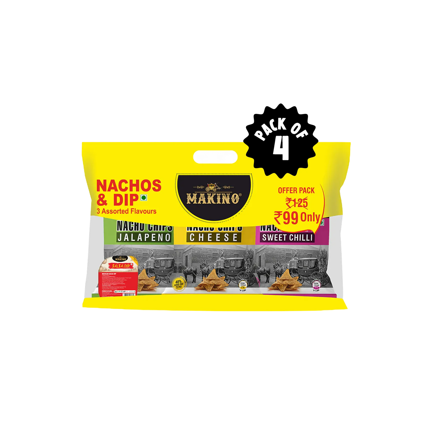 Makino Discounted Combo Bag with 3 Assorted Nachos & 1 Salsa Dip (Each 220 gm) (4 bags x 220 gm)| Total 880g|