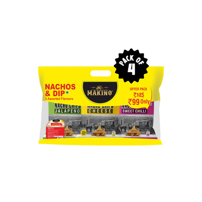 Makino Discounted Combo Bag with 3 Assorted Nachos & 1 Salsa Dip (Each 220 gm) (4 bags x 220 gm)| Total 880g|