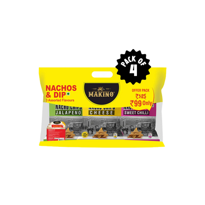 Makino Discounted Combo Bag with 3 Assorted Nachos & 1 Salsa Dip (Each 220 gm) (4 bags x 220 gm)| Total 880g|