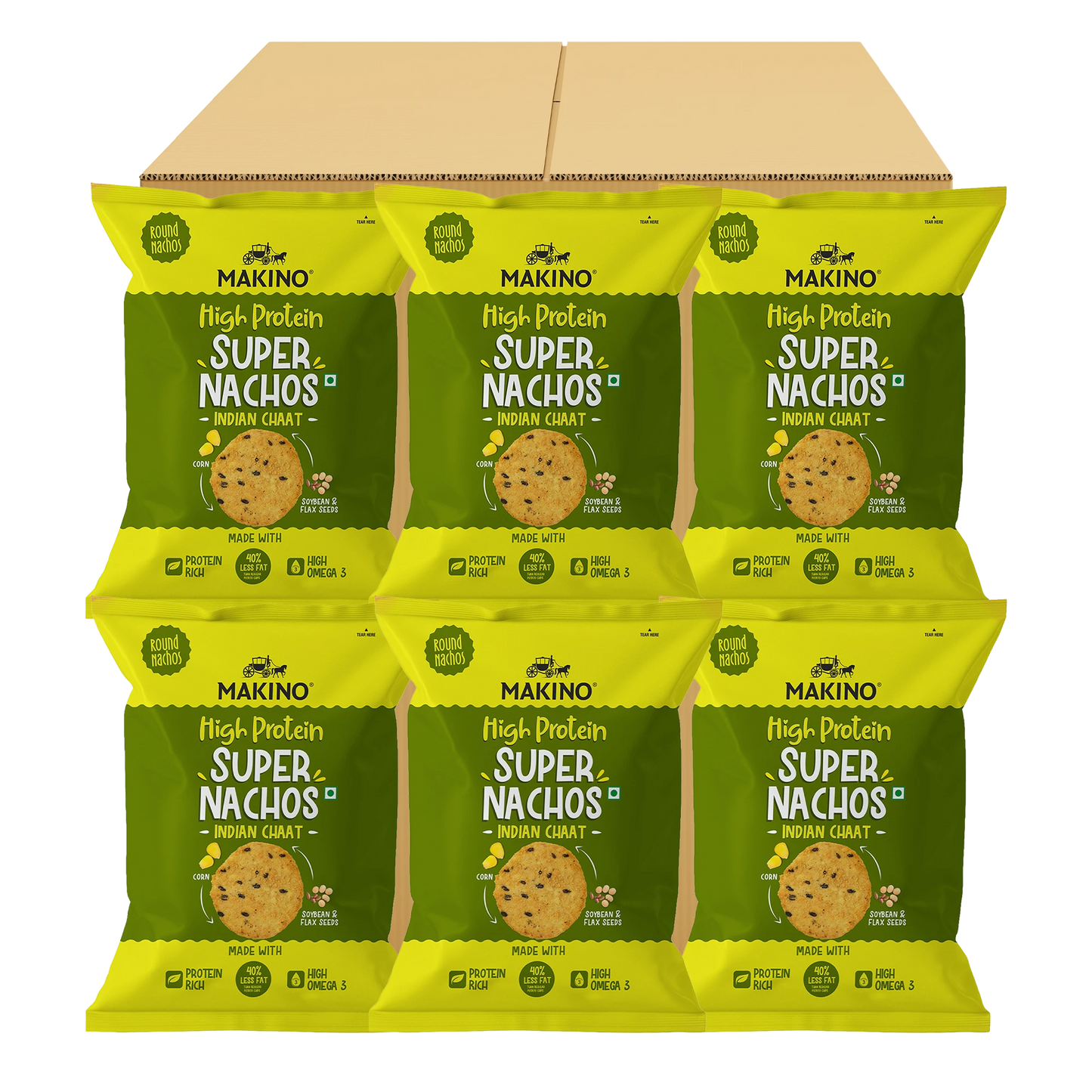 Makino High Protein Super Nachos Indian Chaat 60 gm | Pack of 120 pcs | Bulk Pack of Retail | Round Tortilla Chips | Total 7200g|