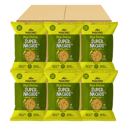 Makino High Protein Super Nachos Indian Chaat 60 gm | Pack of 120 pcs | Bulk Pack of Retail | Round Tortilla Chips | Total 7200g|