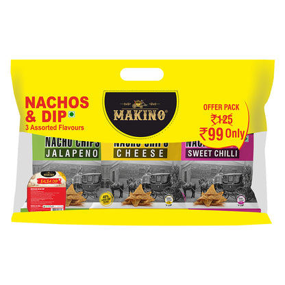 Makino Discounted Combo Bag with 3 Assorted Nachos & 1 Salsa Dip (Each 220 gm) (4 bags x 220 gm)| Total 880g|
