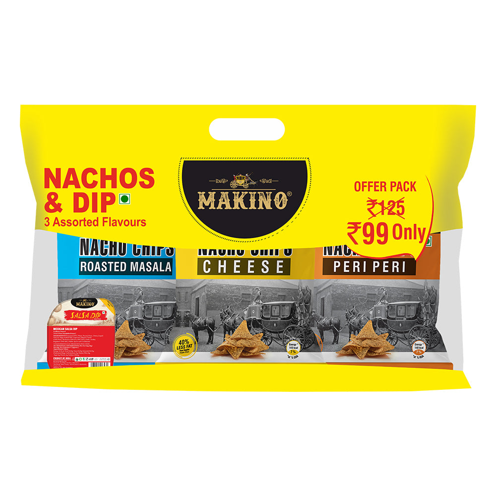 Makino Discounted Combo Bag with 3 Assorted Nachos & 1 Salsa Dip (Each 220 gm) (4 bags x 220 gm)| Total 880g|