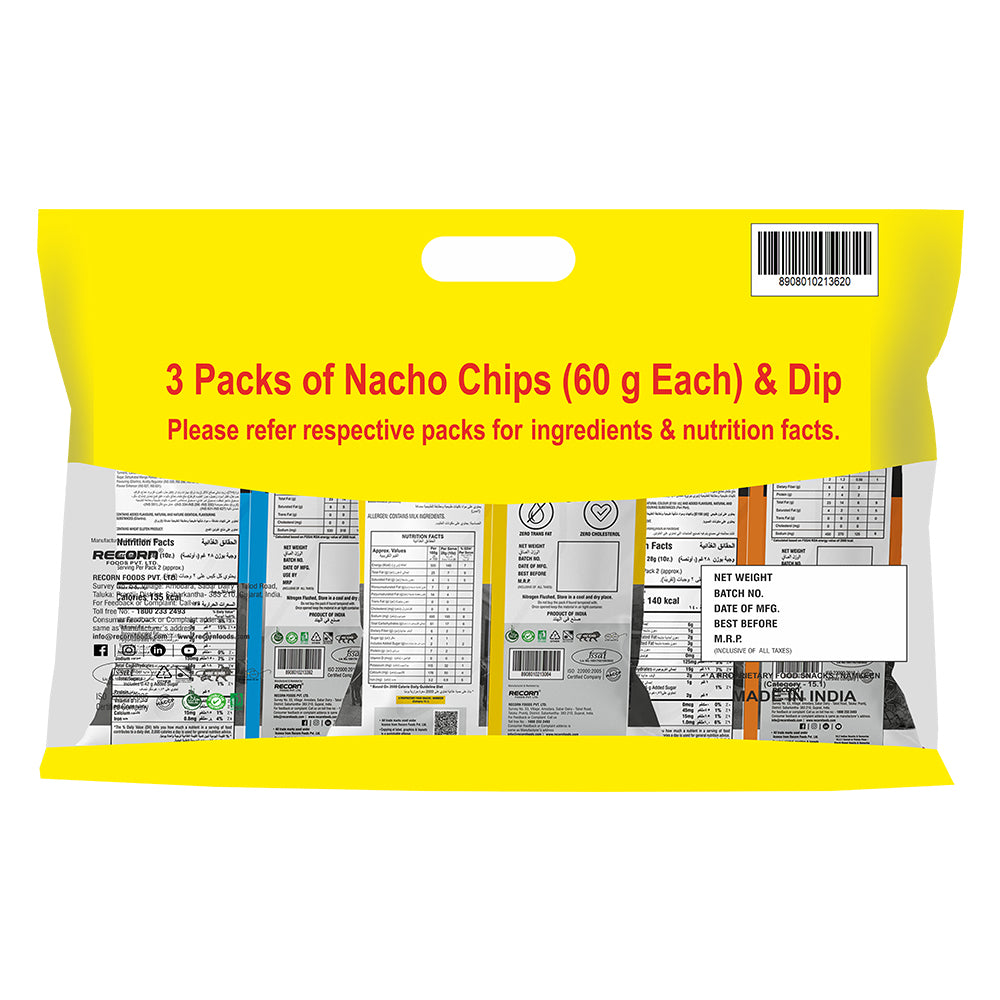 Makino Discounted Combo Bag with 3 Assorted Nachos & 1 Salsa Dip (Each 220 gm) (4 bags x 220 gm)| Total 880g|